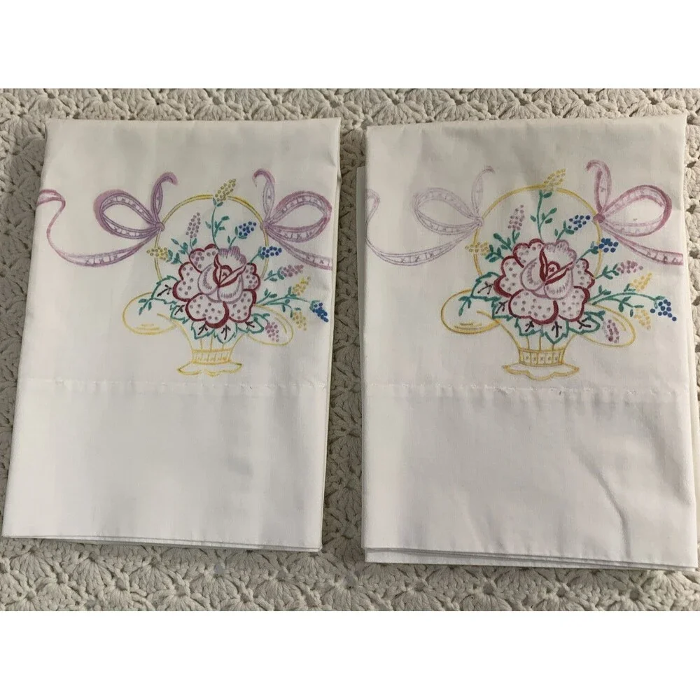 Vintage Pair (2) White Pillowcases Handpainted Flower Basket Ribbons 29”x21”